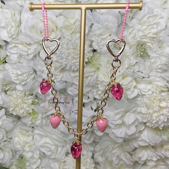 Heart Strawberry Bag Purse Charm Chain Swag Strap Hot Pink & Baby Pink Pearl - Picture 13 of 13